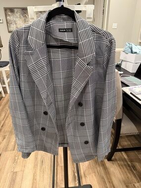 SHEIN Black & Gray Plaid Double-Breasted Blazer